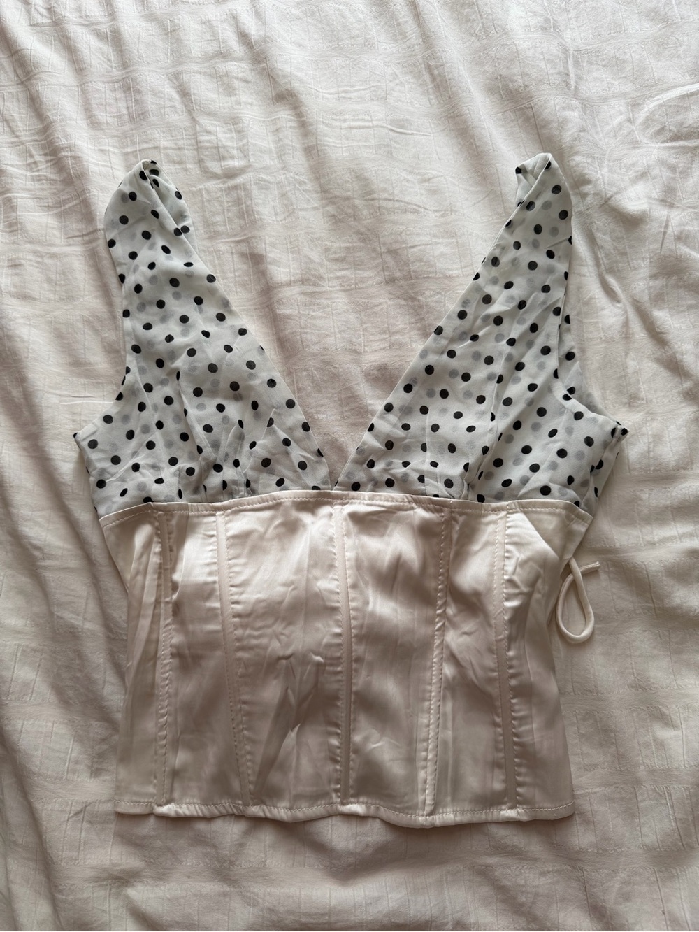 Polka Dot Mesh & Satin Ivory Bustier Top